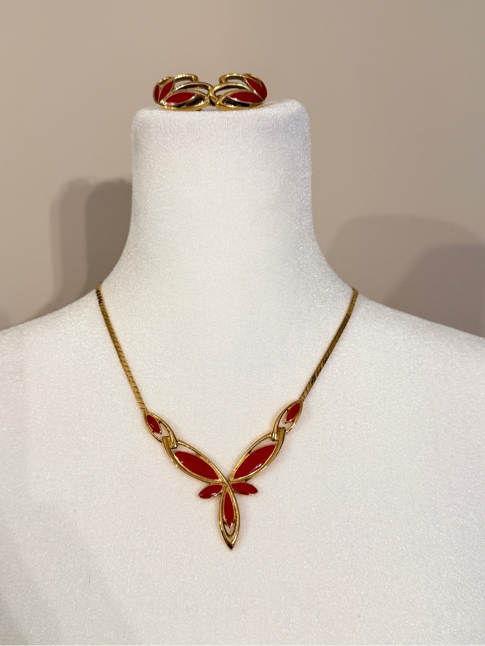 Trifari Gold-Tone Necklace and Earring Set with Red Enamel Accents